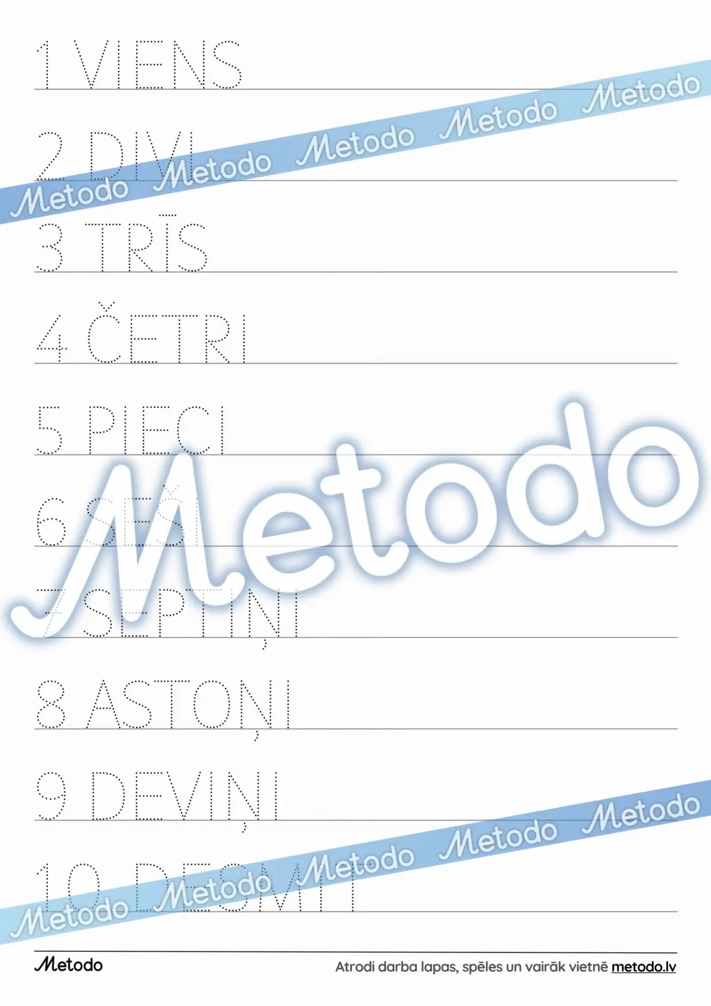 1 līdz 10 rakstīšana, drukātie burti - darba lapa Metodo