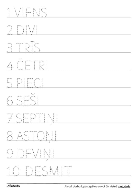 1 līdz 10 rakstīšana, drukātie burti - darba lapa metodo.lv