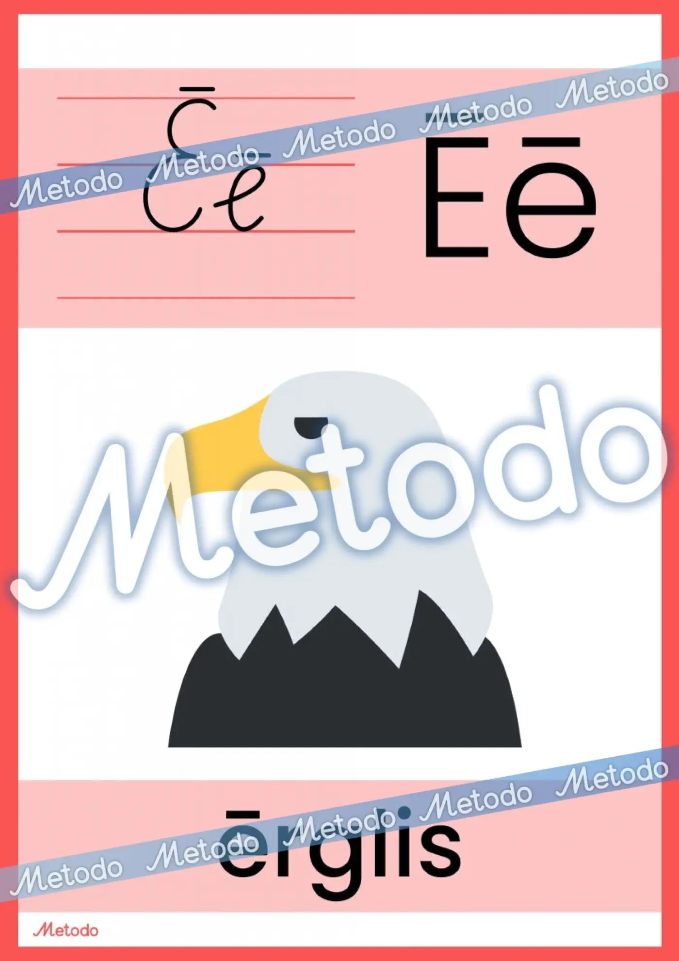 Alfabēta plakāti Metodo burts Ē