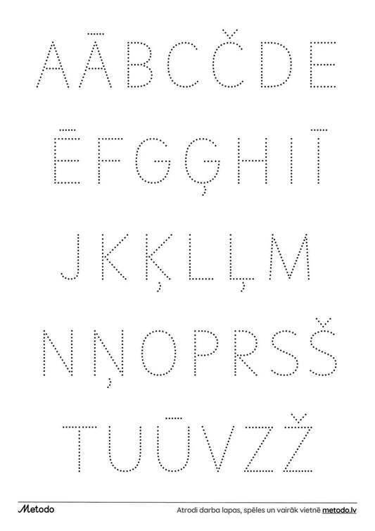 Drukātie alfabēta burti, pārvilkšana - darba lapa metodo.lv alfabēta darba lapa