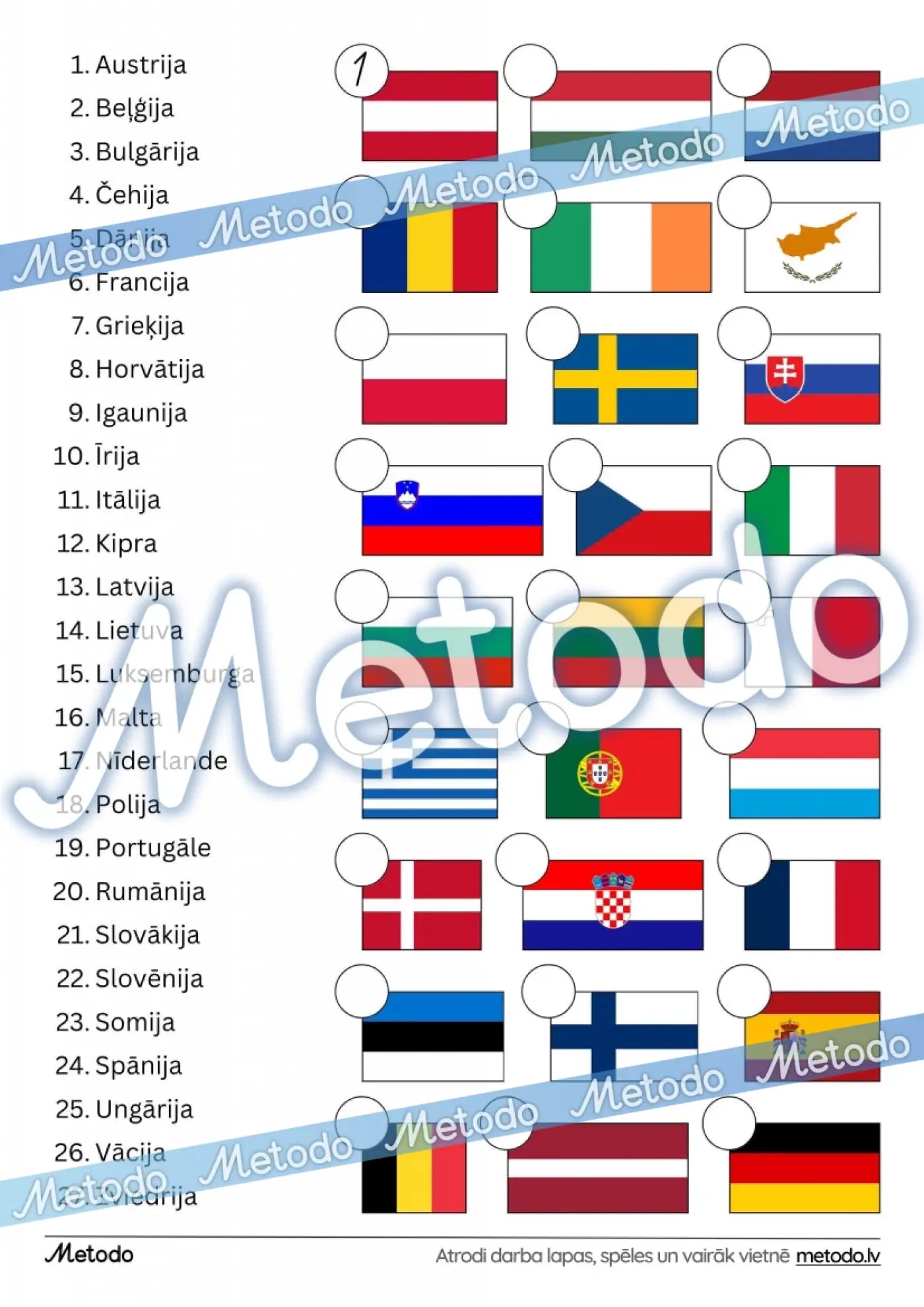 Eiropas Savienības valstu karogi - darba lapa Metodo