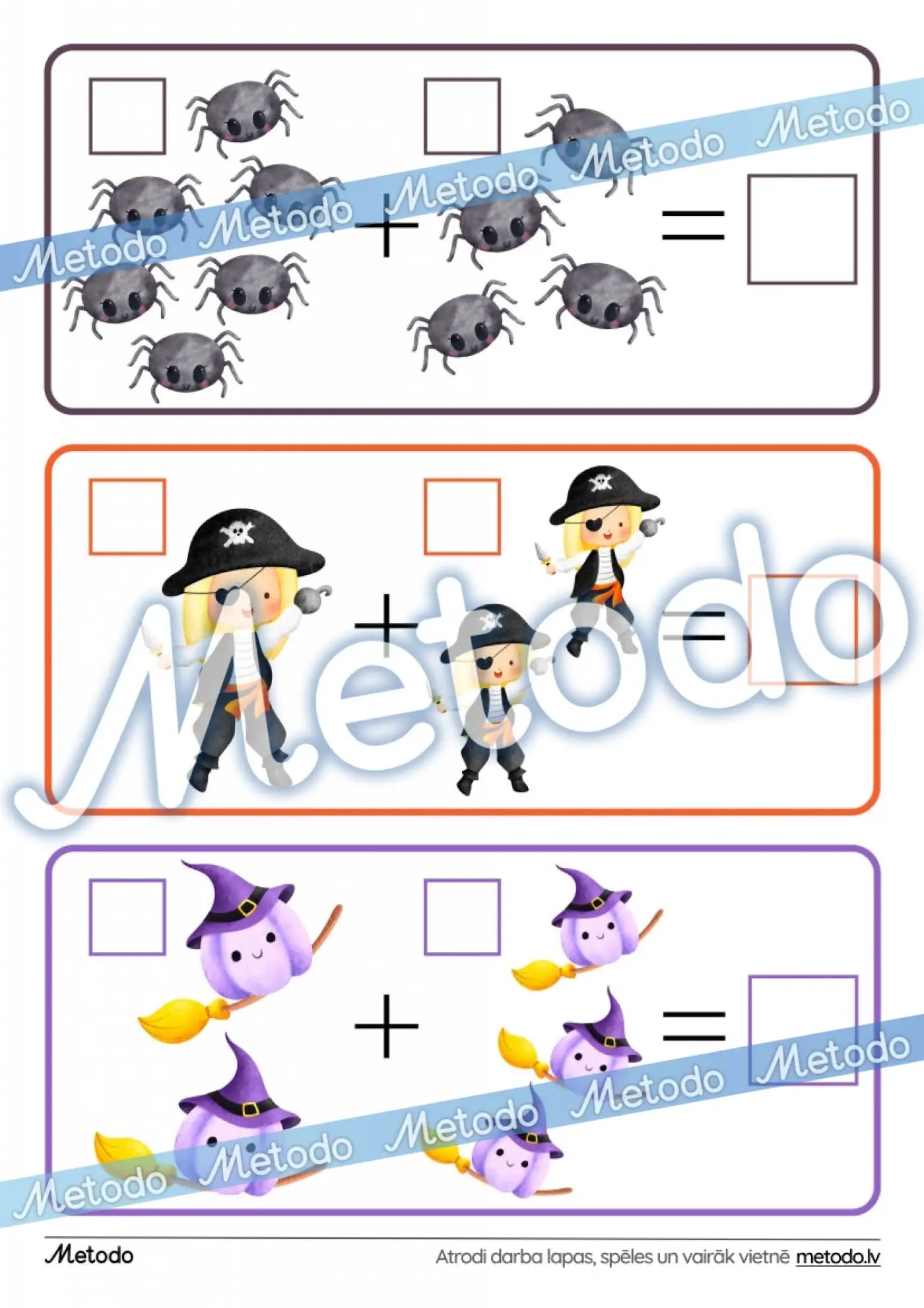 Halovīna saskaitīšana - 3 darba lapas saskaitīšanas darba lapas helovīna tematikā Metodo