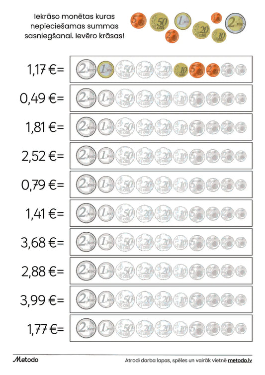 Iekrāso monētas lai sasniegtu summu - darba lapa metodo.lv