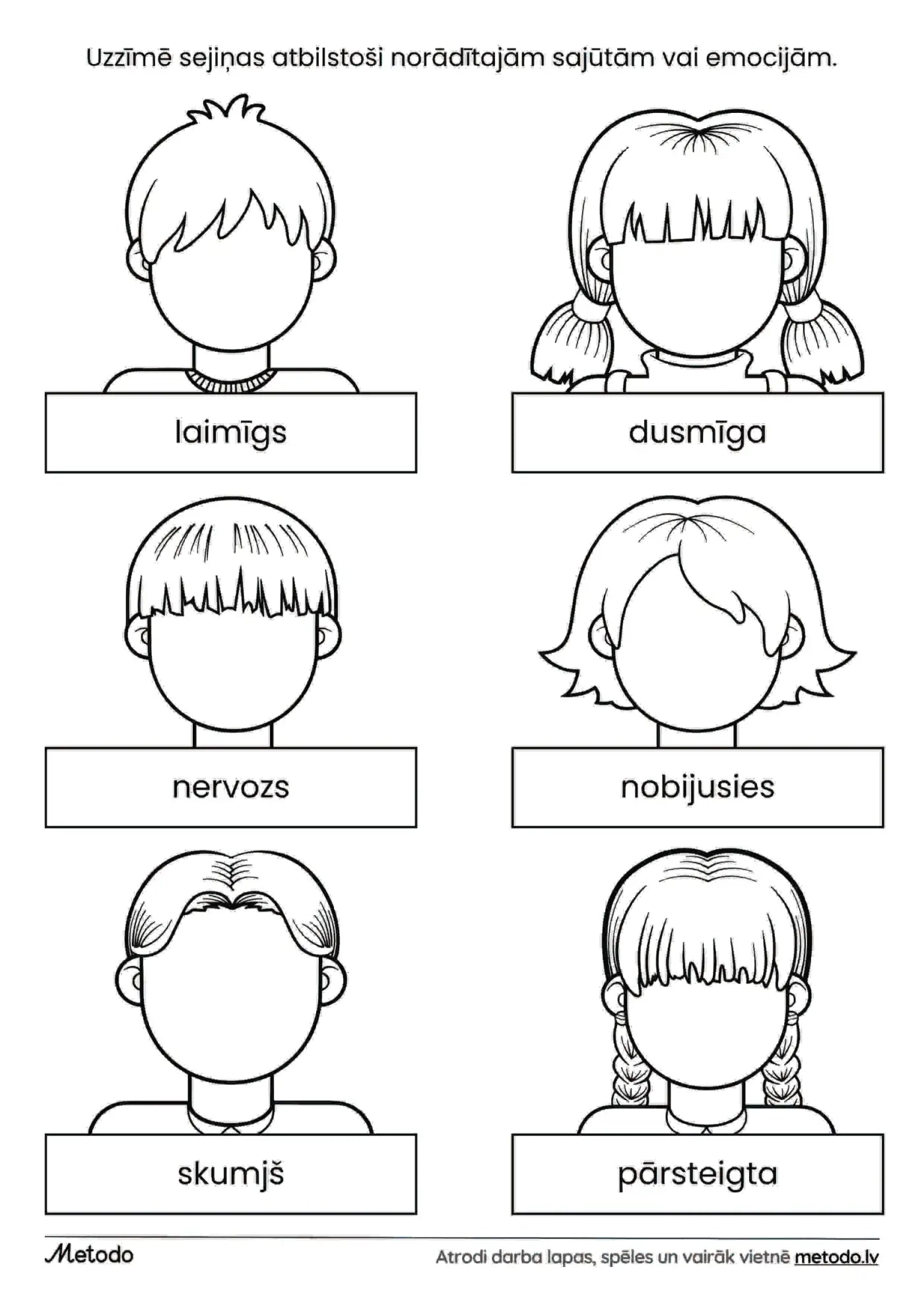 Iezīmē emocijas vai sajūtas - darba lapa