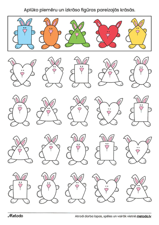 Izkrāso figūras pareizajās krāsās, zaķīši - darba lapa metodo.lv