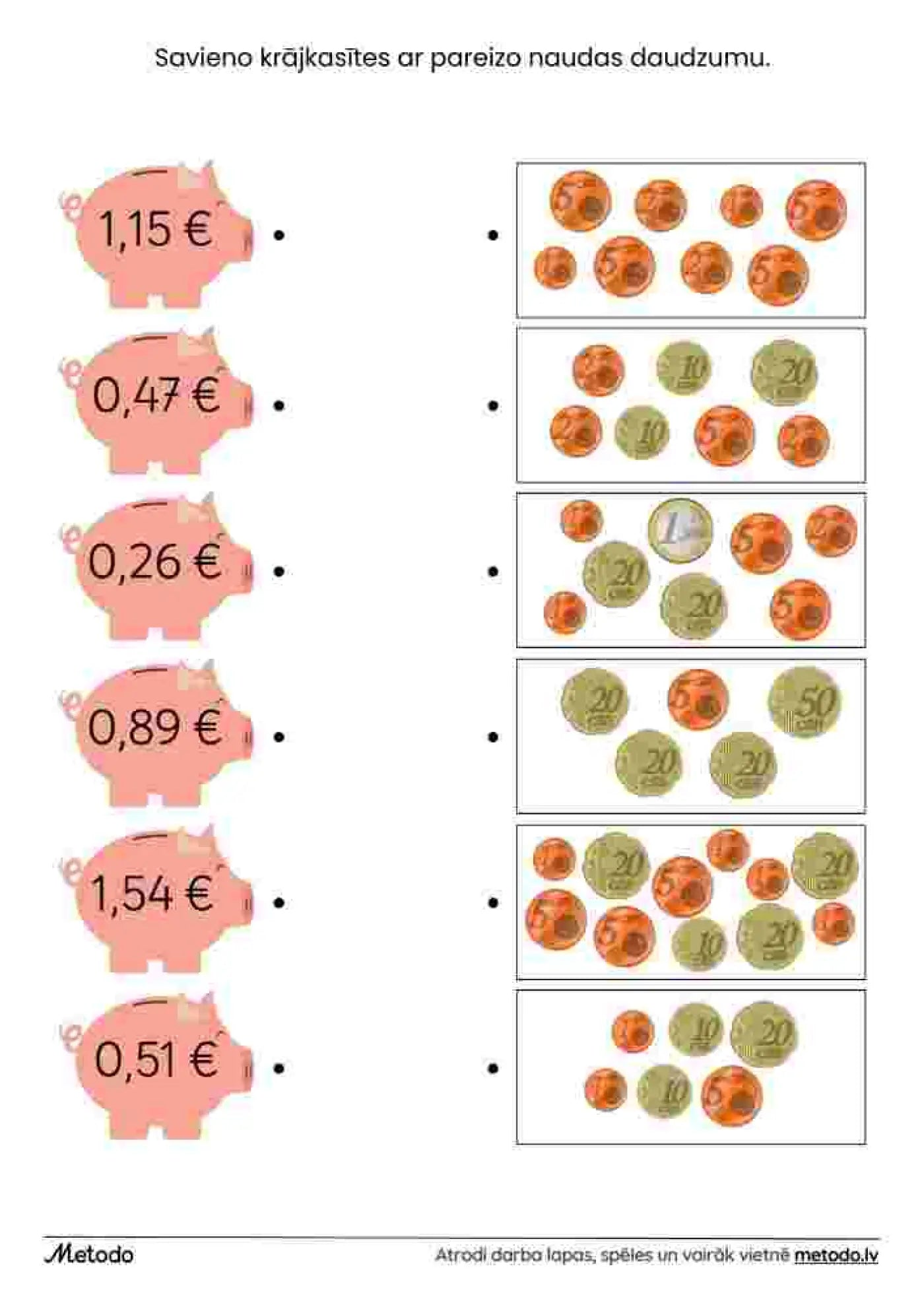 Krājkasītes un monētas - 2 darba lapas metodo.lv mācību materiāli