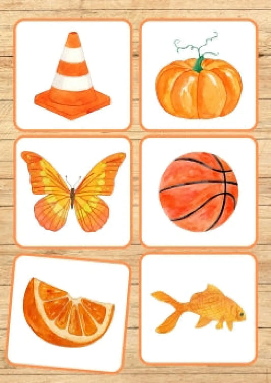 Krāsainu attēlu kartītes - oranža krāsa metodo.lv