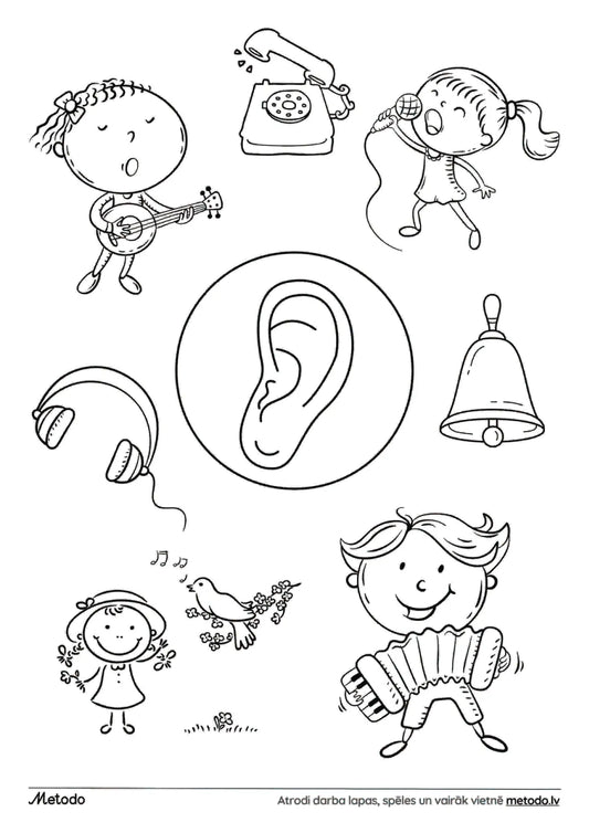 Maņas, dzirde - krāsojamā darba lapa