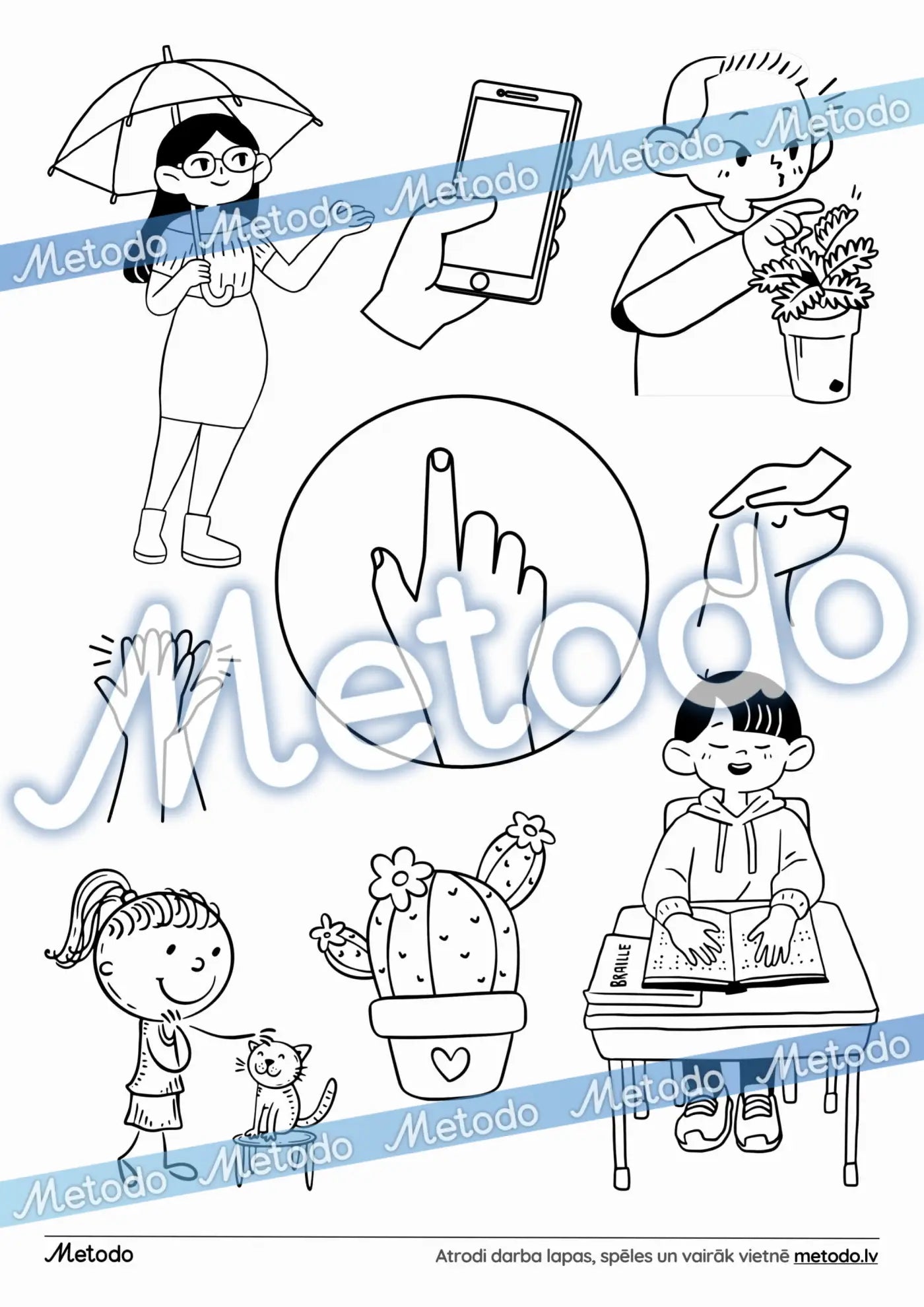 Maņas, tauste - krāsojamā darba lapa Metodo