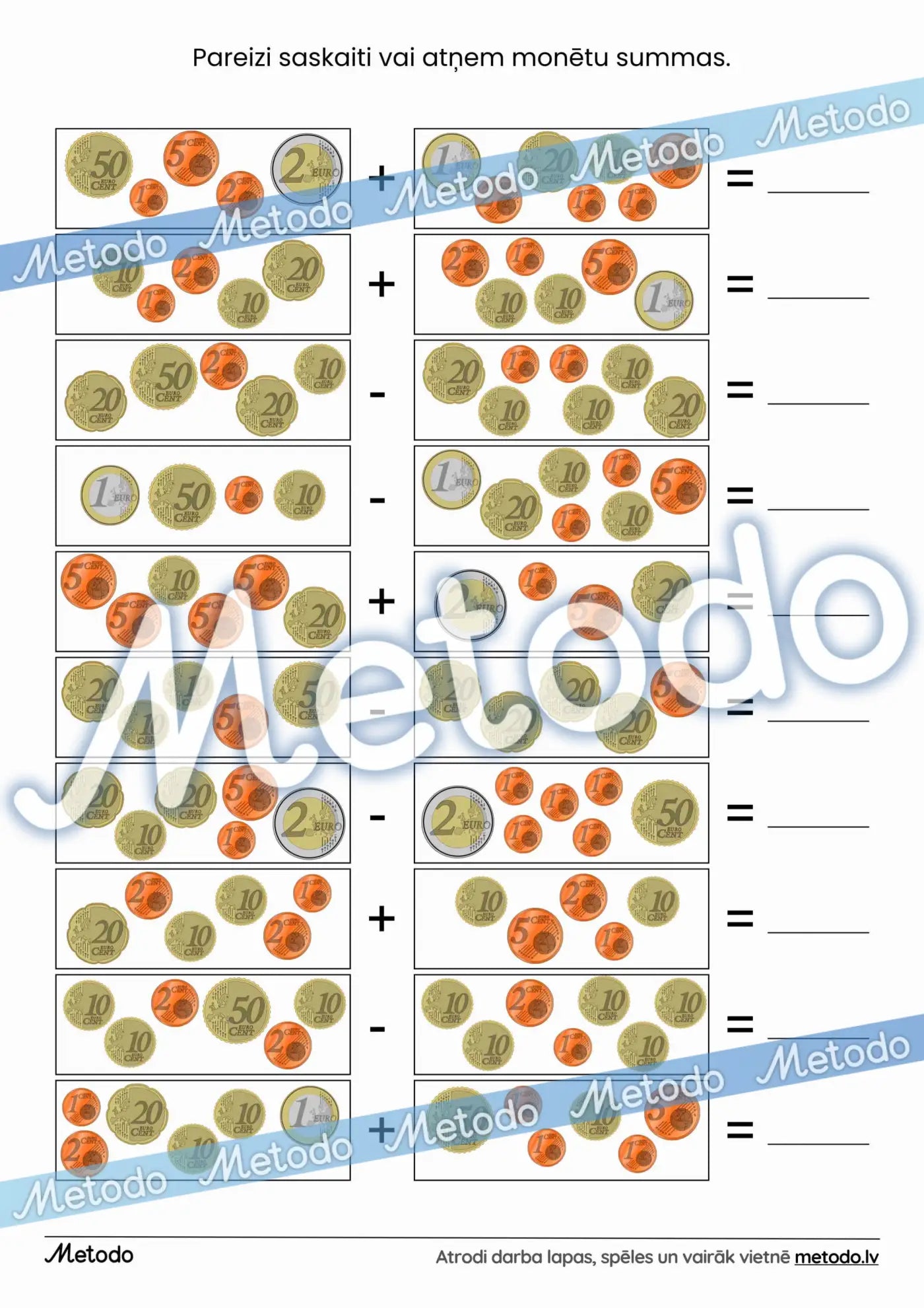 Monētu summas, saskaitīšana un atņemšana - darba lapa Metodo