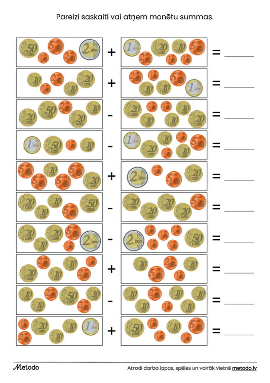 Monētu summas, saskaitīšana un atņemšana - darba lapa metodo.lv