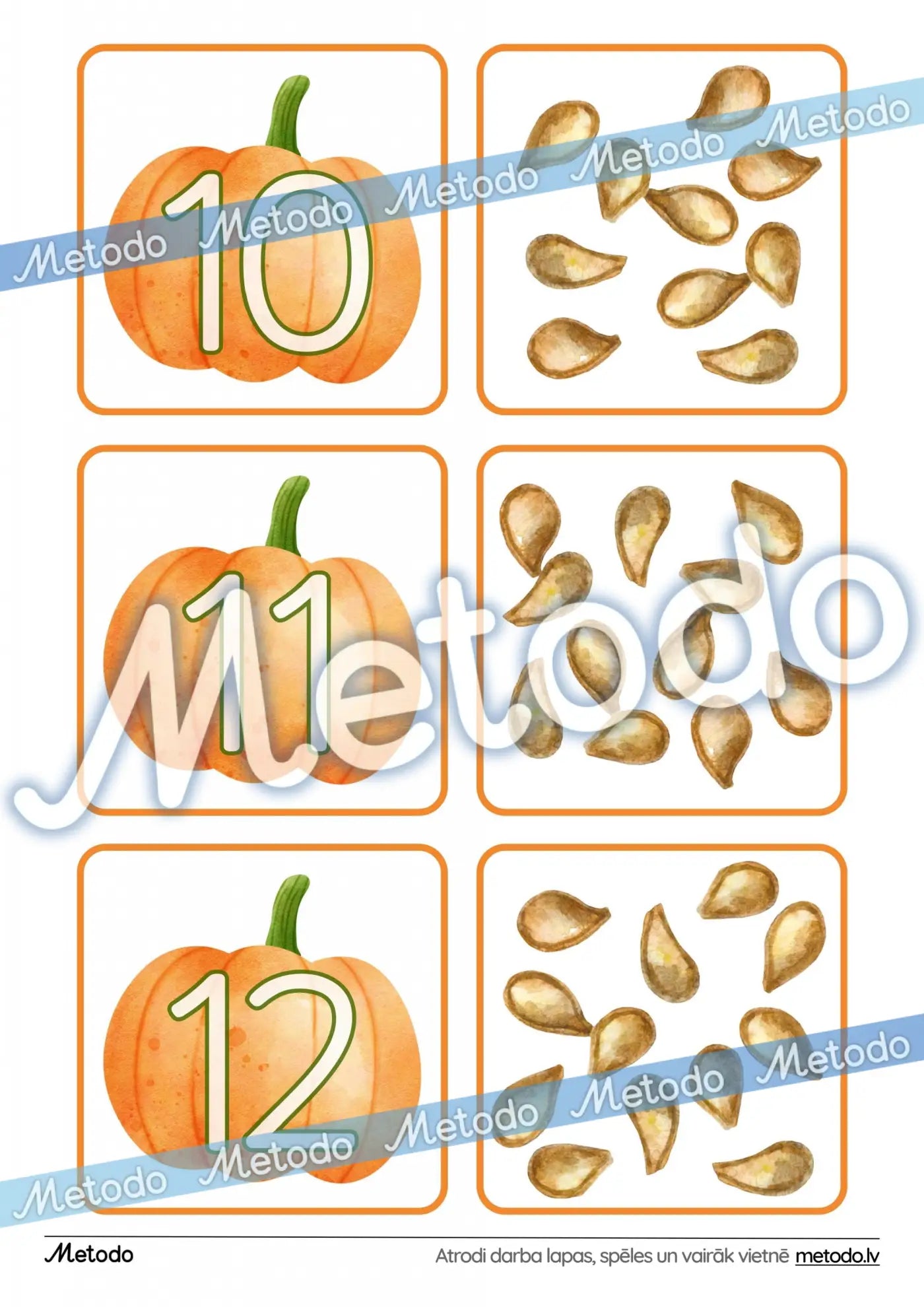 Rudens skaitīšanas kartītes, ķirbju sēklas krāsaini mācību materiāli