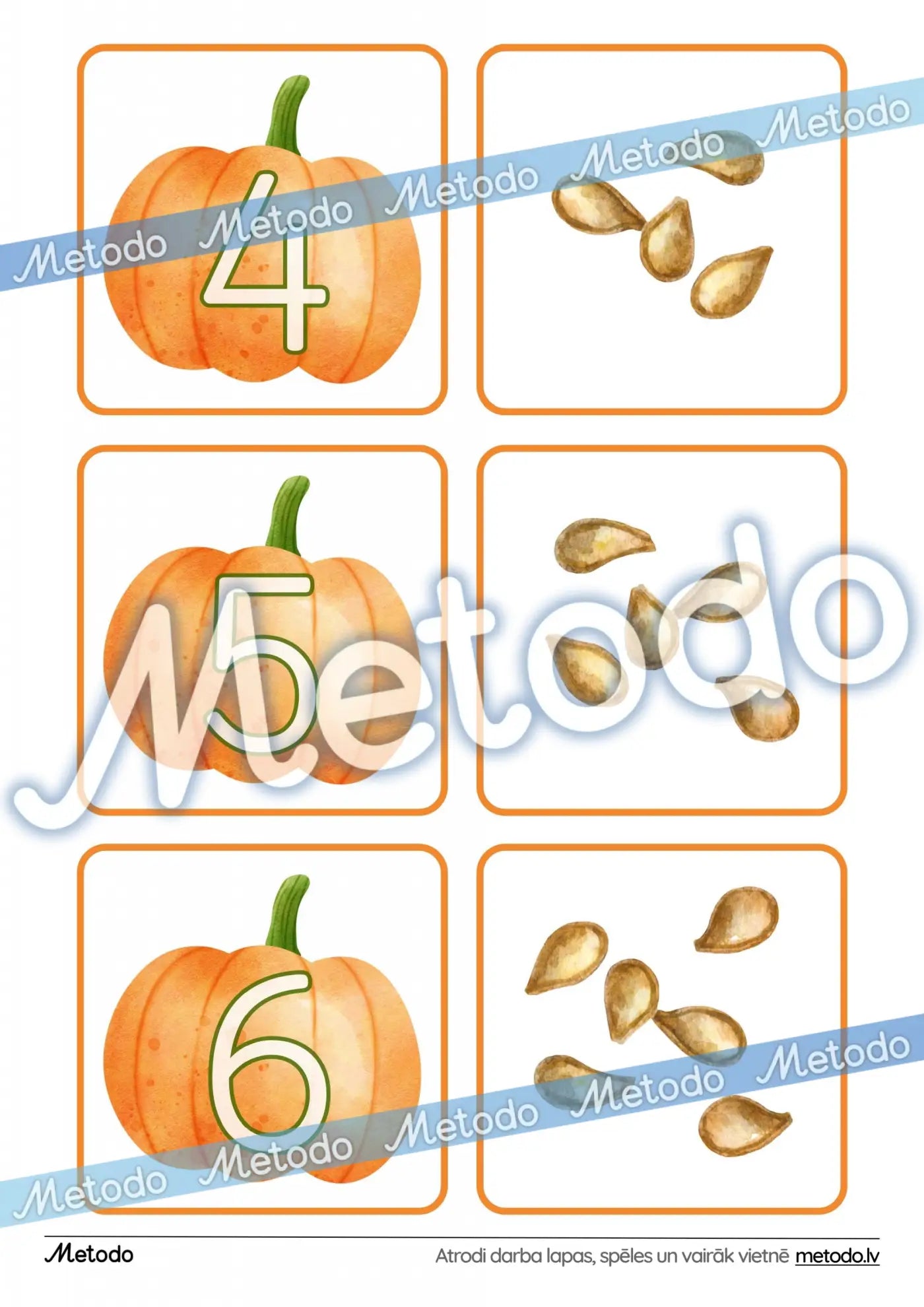 Rudens skaitīšanas kartītes, ķirbju sēklas mācību materiāli skaitīšanai