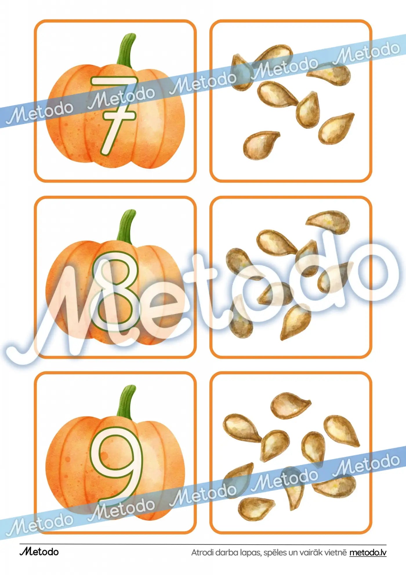 Rudens skaitīšanas kartītes, ķirbju sēklas skaitīšanas mācību materiāli