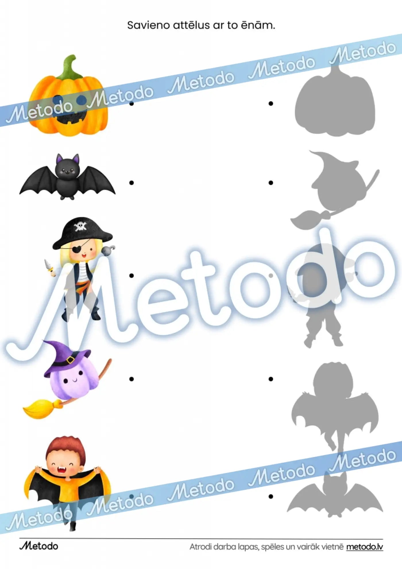 Savieno attēlus ar to ēnām, Halovīns - darba lapa Metodo