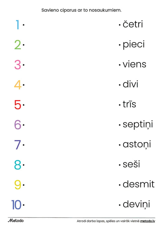 Savieno ciparus ar to nosaukumiem - darba lapa metodo.lv