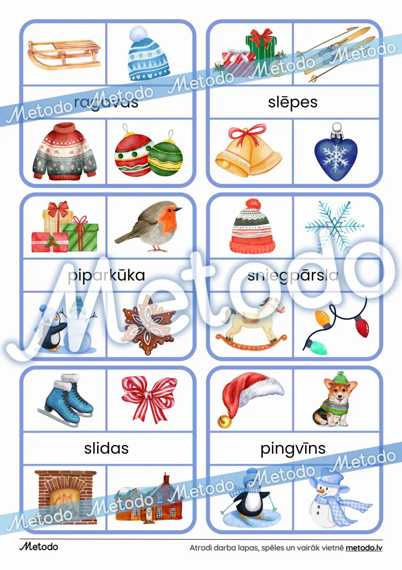 Ziema, pareizais attēls - kartītes Metodo mācību materiāli ziemas spēle